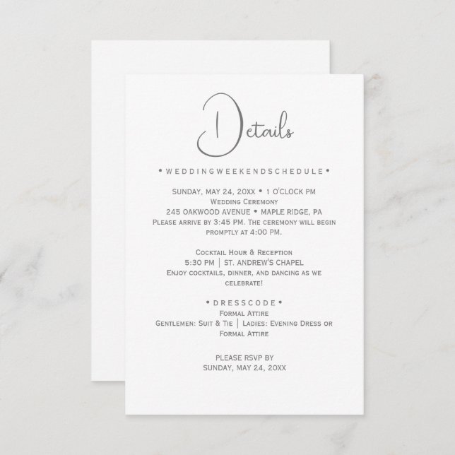 Silver Calligraphy Wedding Details Card Begleitkarte (Vorne/Hinten)