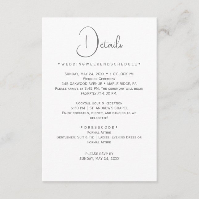 Silver Calligraphy Wedding Details Card Begleitkarte (Vorderseite)