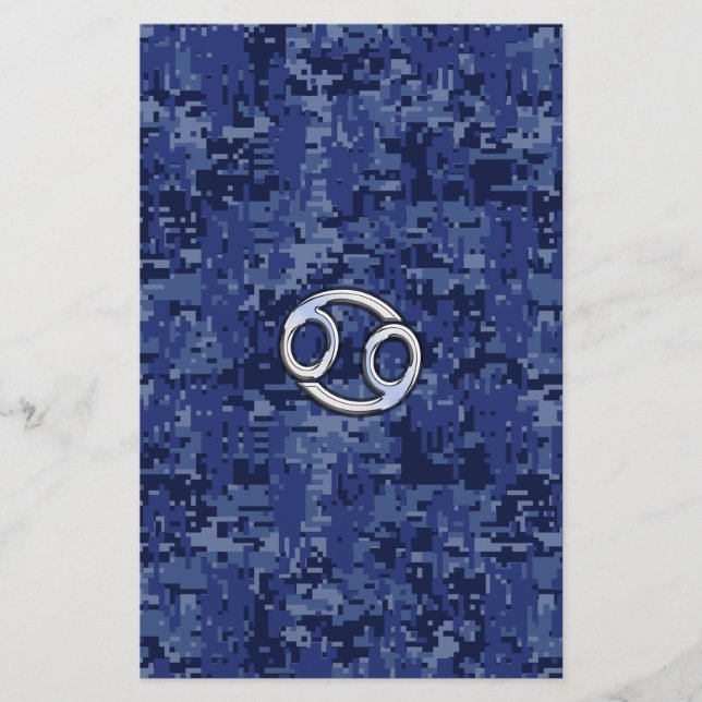 Silver Cancer Zodiac Sign Navy Blue Digital Camo Briefpapier (Vorderseite)