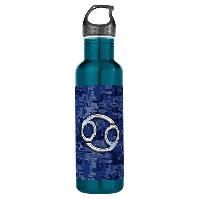 Silver Cancer Zodiac Sign Navy Blue Digital Camo Edelstahlflasche (Vorderseite)