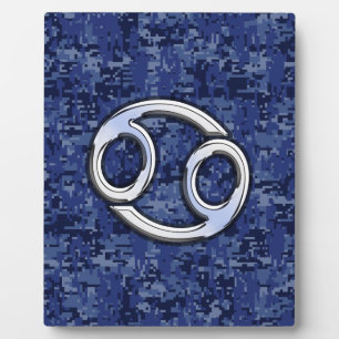 Silver Cancer Zodiac Sign Navy Blue Digital Camo Fotoplatte