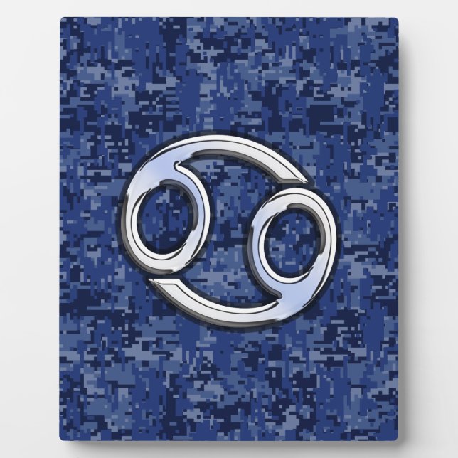 Silver Cancer Zodiac Sign Navy Blue Digital Camo Fotoplatte (Vorderseite)