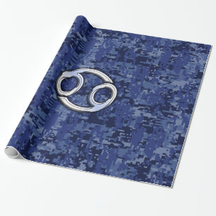 Silver Cancer Zodiac Sign Navy Blue Digital Camo Geschenkpapier