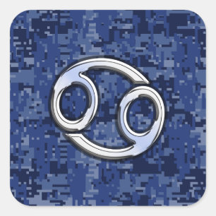 Silver Cancer Zodiac Sign Navy Blue Digital Camo Quadratischer Aufkleber