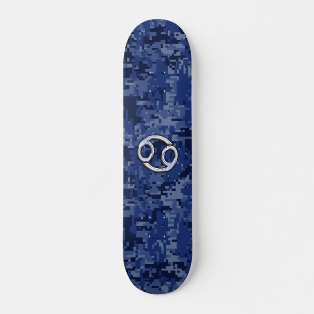Silver Cancer Zodiac Sign Navy Blue Digital Camo Skateboard (Vorne)