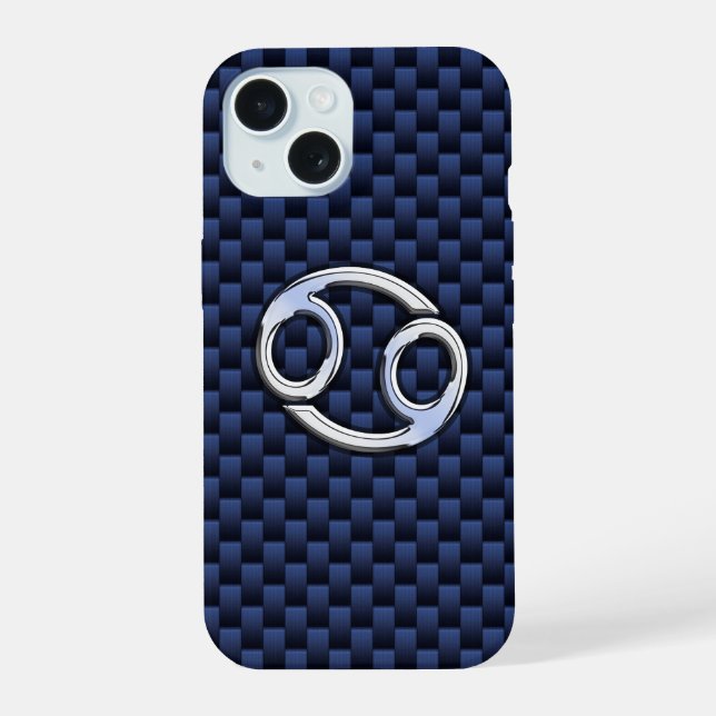 Silver Cancer Zodiac Symbol Navy Carbon Fibre iPhone 15 Hülle (Rückseite)