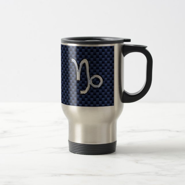 Silver Capricorn Zodiac Sign Blue Carbon Style Reisebecher (Rechts)