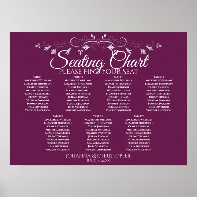 Silver & Cassis Chic 7 Tabelle Hochzeitstabelle Poster (Vorne)