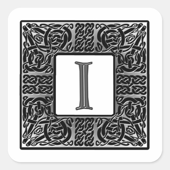 Silver Celtic "I" Monogram Quadratischer Aufkleber (Vorderseite)