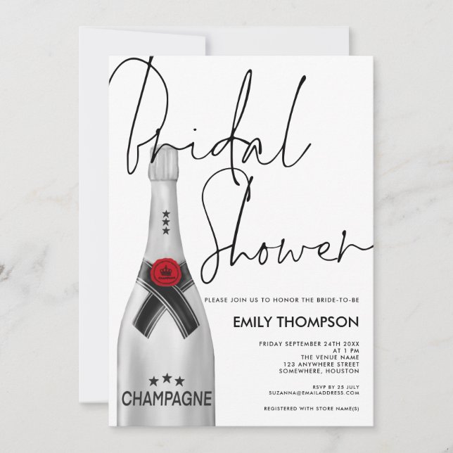 Silver Champagne Flasche Script Weißes Brautparty Einladung (Vorderseite)