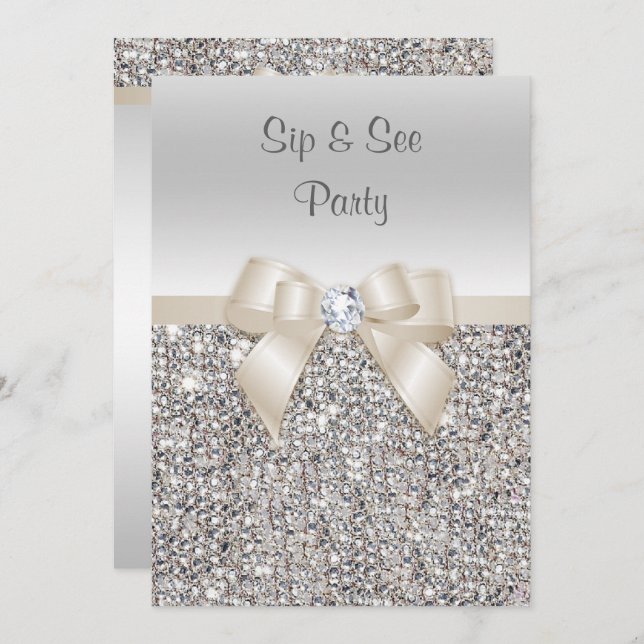 Silver Champagne Sip & See Sequins Einladung (Vorne/Hinten)