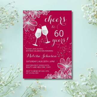 Silver Cheers Floral Red Milestone Geburtstag Einladung
