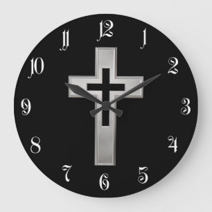 Silver Christian cross Große Wanduhr