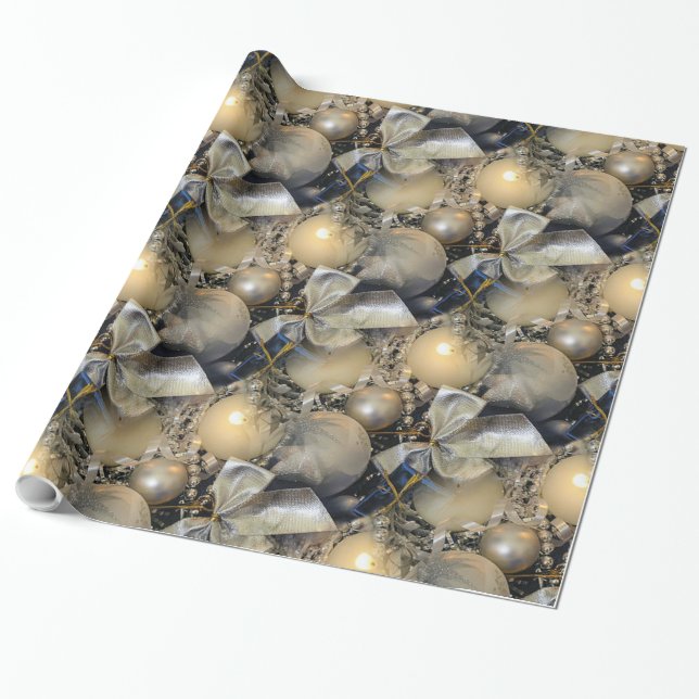 Silver Christmas Balls, Silver Bow und Candle Geschenkpapier (Ungerollt)