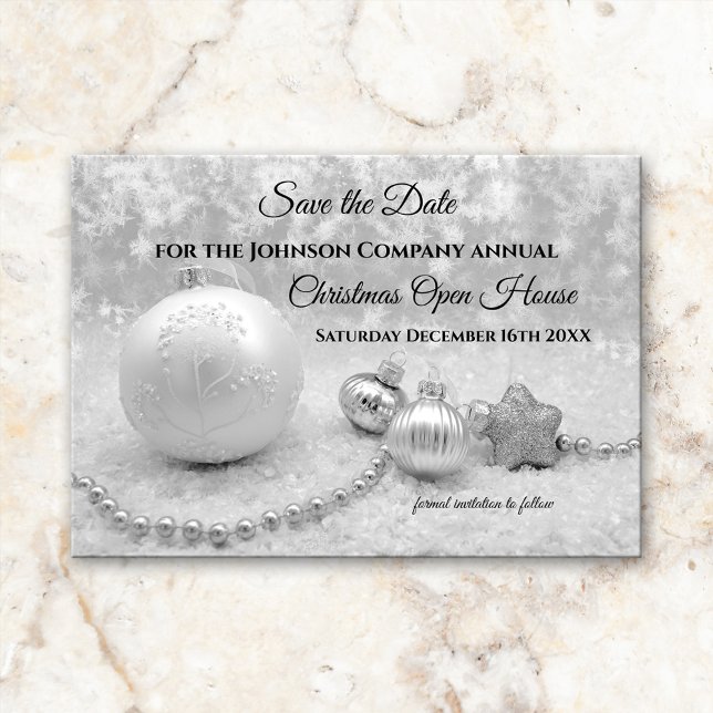 Silver Christmas Open House Save the Date Card (Black and white Save the Date Christmas invitation, featuring silver Christmas baubles in the snow )