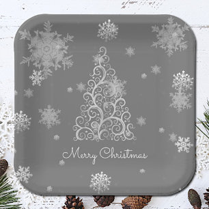 Silver Christmas Tree and Snowflakes Paper Plate Pappteller