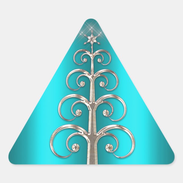 Silver Christmas Tree on Aqua Dreieckiger Aufkleber (Vorderseite)