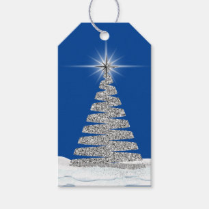 Silver Christmas Tree on Blue Geschenkanhänger