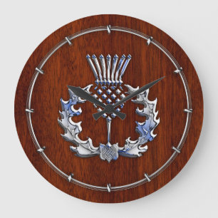 Silver Chrome auf Mahogany Wood Scottish Thistle Große Wanduhr