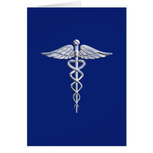 Silver Chrome Caduceus Medical Symbol auf Navy Blu