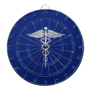 Silver Chrome Caduceus Medical Symbol auf Navy Blu Dartscheibe