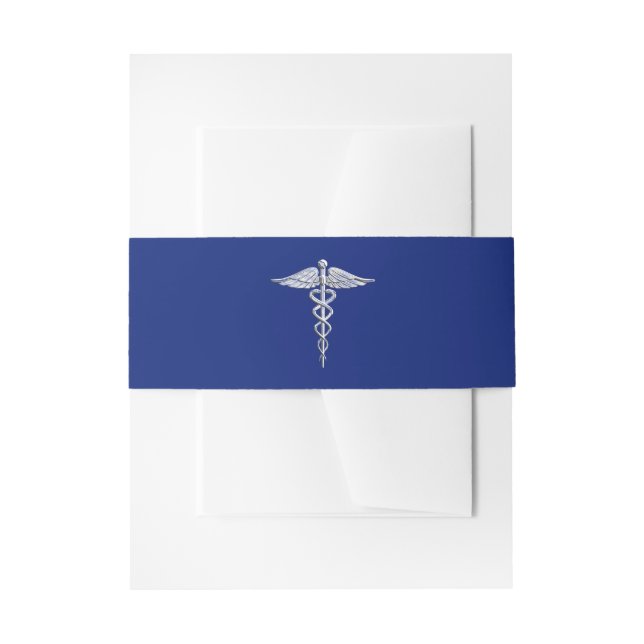 Silver Chrome Caduceus Medical Symbol auf Navy Blu Einladungsbanderole (Vorderseite Beispiel)