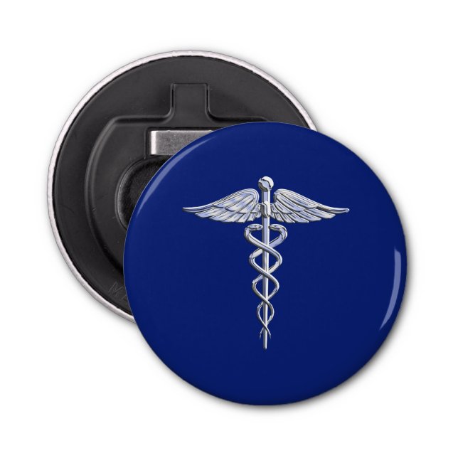 Silver Chrome Caduceus Medical Symbol auf Navy Blu Flaschenöffner (Vorderseite)
