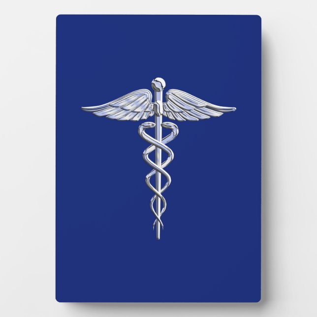 Silver Chrome Caduceus Medical Symbol auf Navy Blu Fotoplatte (Vorderseite)
