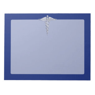 Silver Chrome Caduceus Medical Symbol auf Navy Blu Notizblock