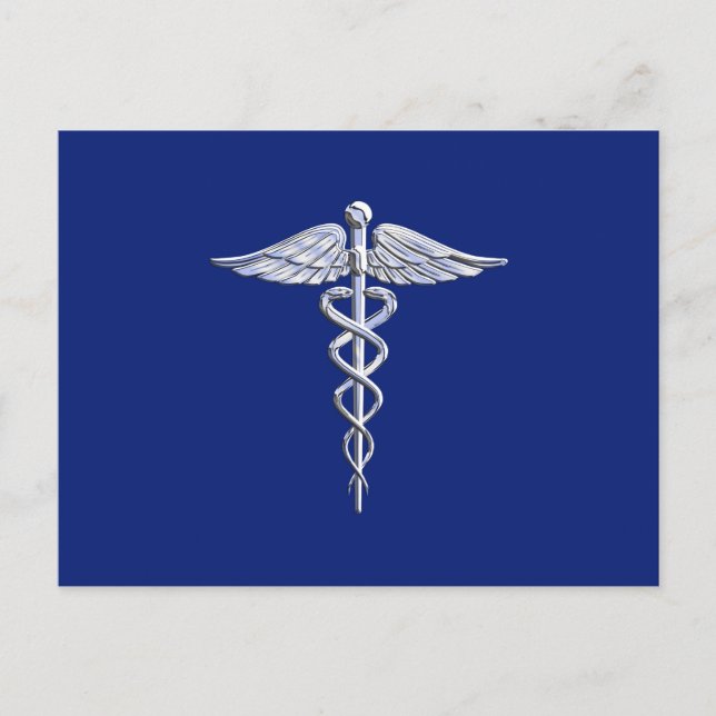 Silver Chrome Caduceus Medical Symbol auf Navy Blu Postkarte (Vorderseite)