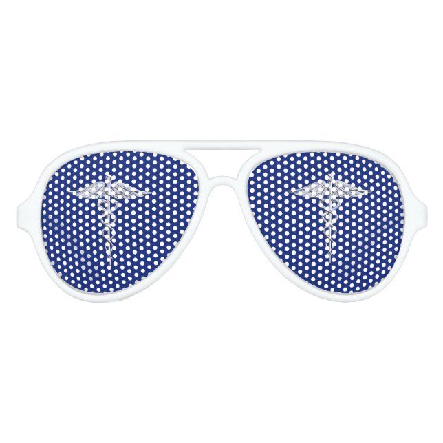 Silver Chrome Caduceus Medical Symbol auf Navy Blu Sonnenbrille (Vorderseite)