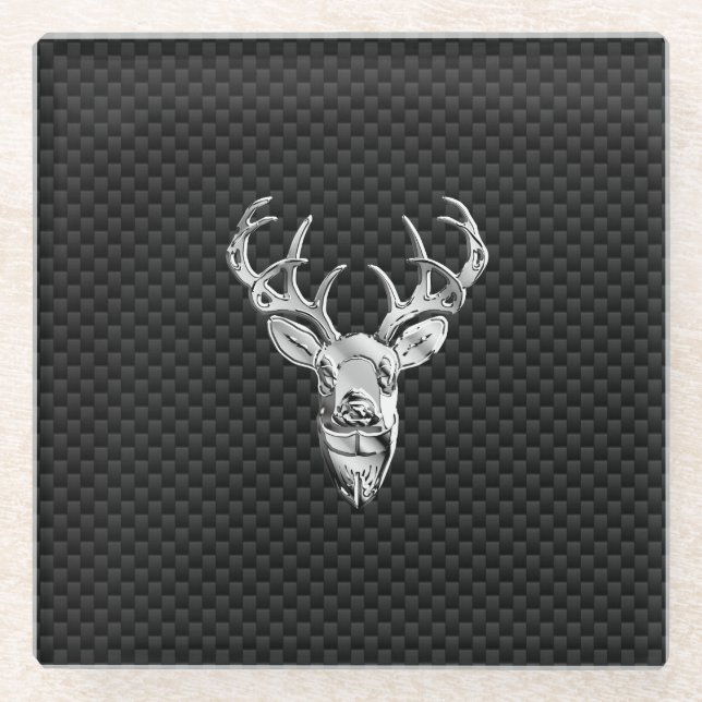 Silver Chrome Deer on Carbon Fibre Style Print Glasuntersetzer (Vorderseite)