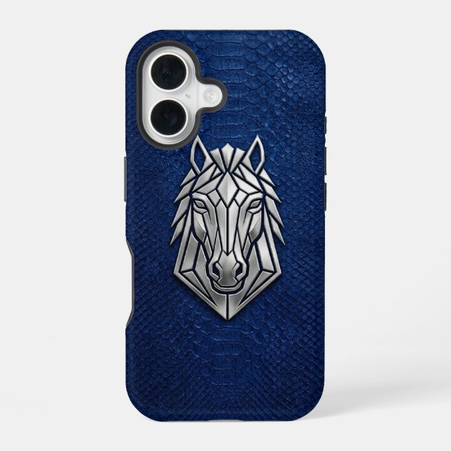 Silver Chrome Geometric Horse Blue Python iPhone 16 Hülle (Rückseite)