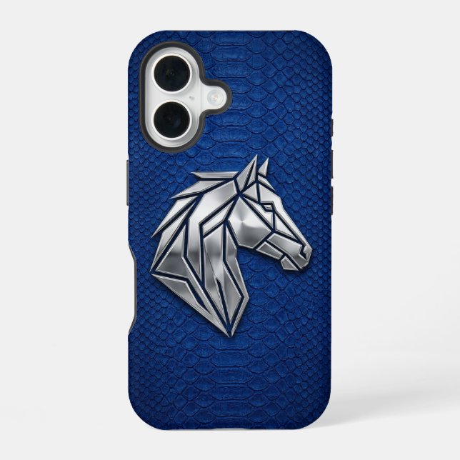 Silver Chrome Geometric Horse Blue Python iPhone 16 Hülle (Rückseite)