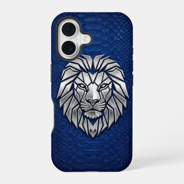 Silver Chrome Geometric Lion Blue Python iPhone 16 Hülle (Rückseite)