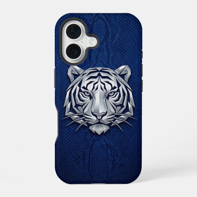 Silver Chrome Geometric Tiger Blue Python iPhone  16 Hülle (Rückseite)