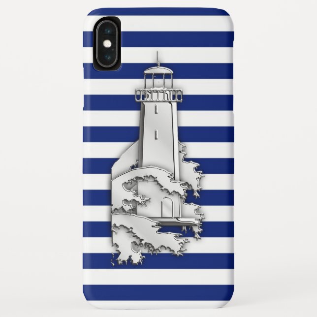 Silver Chrome Like Lighthouse auf Navy Stripes Case-Mate iPhone Hülle (Rückseite)