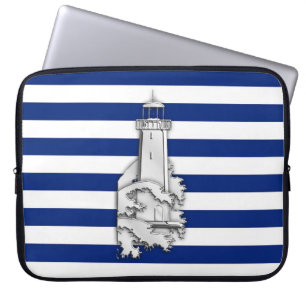 Silver Chrome Like Lighthouse auf Navy Stripes Laptopschutzhülle