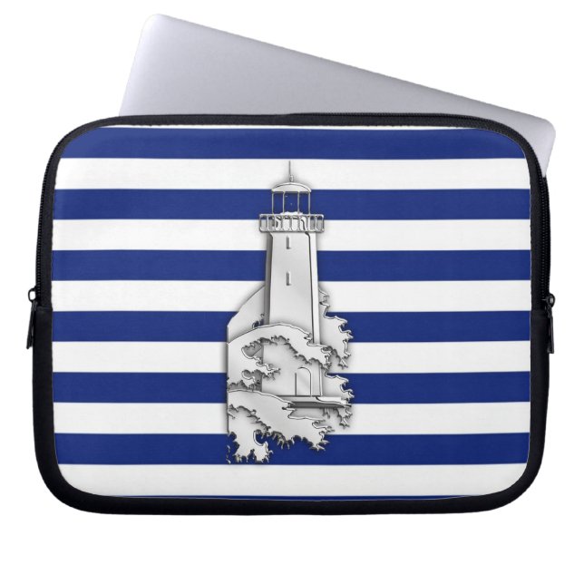 Silver Chrome Like Lighthouse auf Navy Stripes Laptopschutzhülle (Vorderseite)