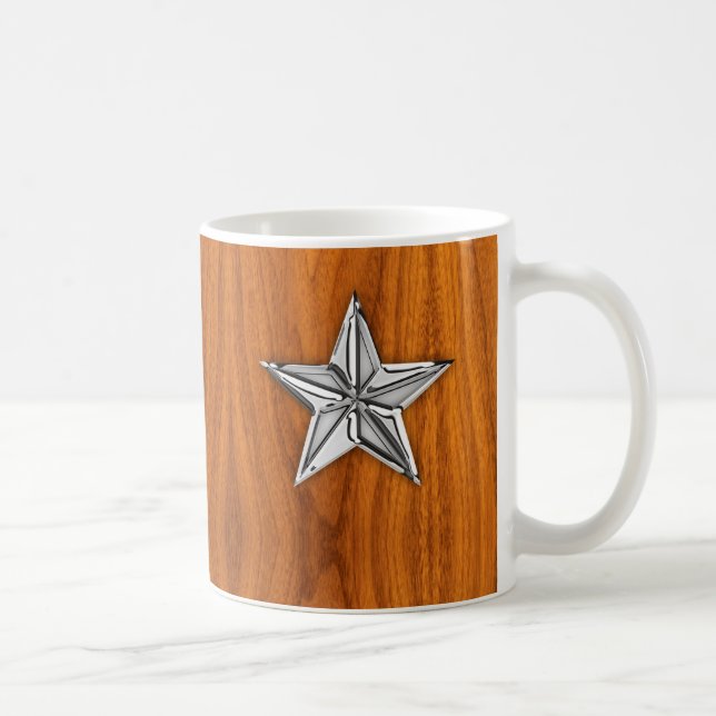 Silver Chrome Like Nautical Star auf Teak Veneer Kaffeetasse (Rechts)