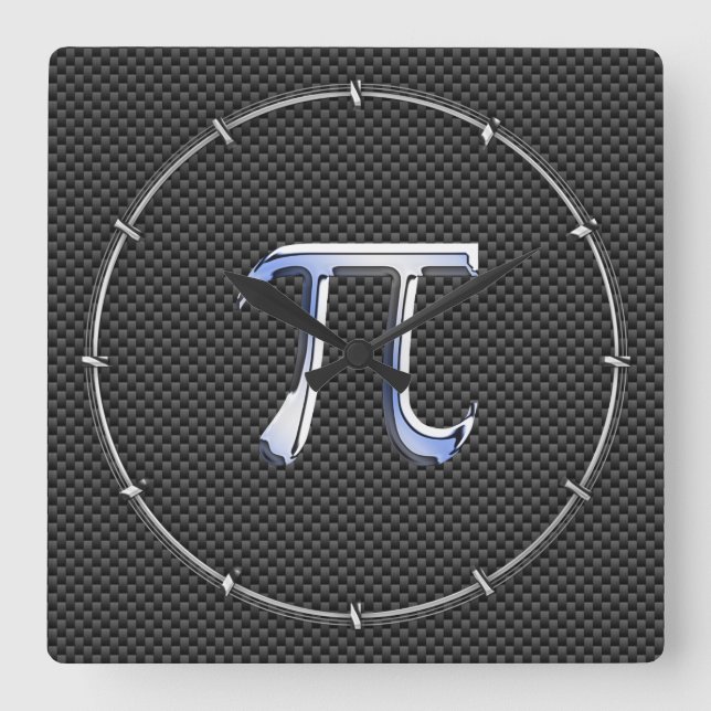 Silver Chrome like Pi Symbol auf Carbon Fibre Quadratische Wanduhr (Vorderseite)