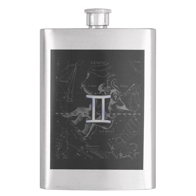 Silver Chrome wie Gemini Zodiac Sign auf Hevelius Flachmann (Vorderseite)