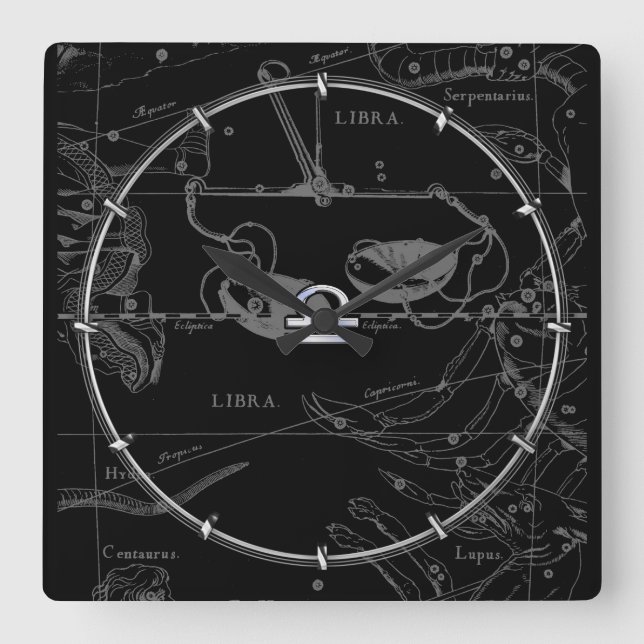 Silver Chrome wie Libra Zodiac Sign auf Hevelius Quadratische Wanduhr (Vorderseite)
