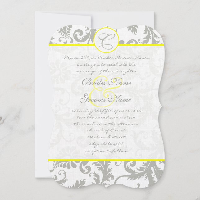 Silver Cloud Gray Damask Gelbe Hochzeitseinladung Einladung (Vorderseite)