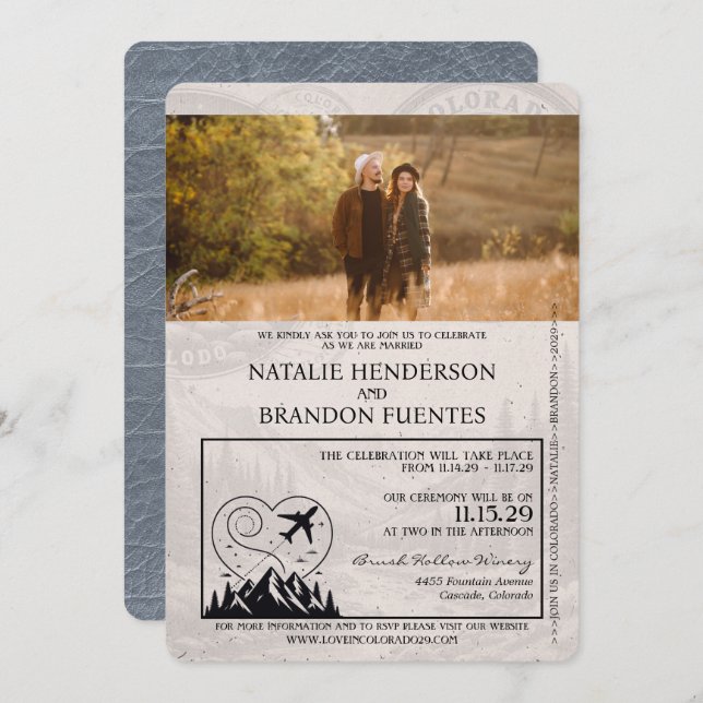 Silver Colorado Passport Wedding Einladung (Vorne/Hinten)