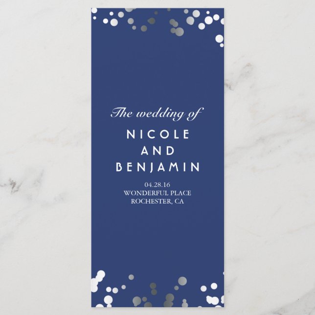 Silver Comfetti Elegant Navy Blue Wedding Programs Programm (Vorderseite)