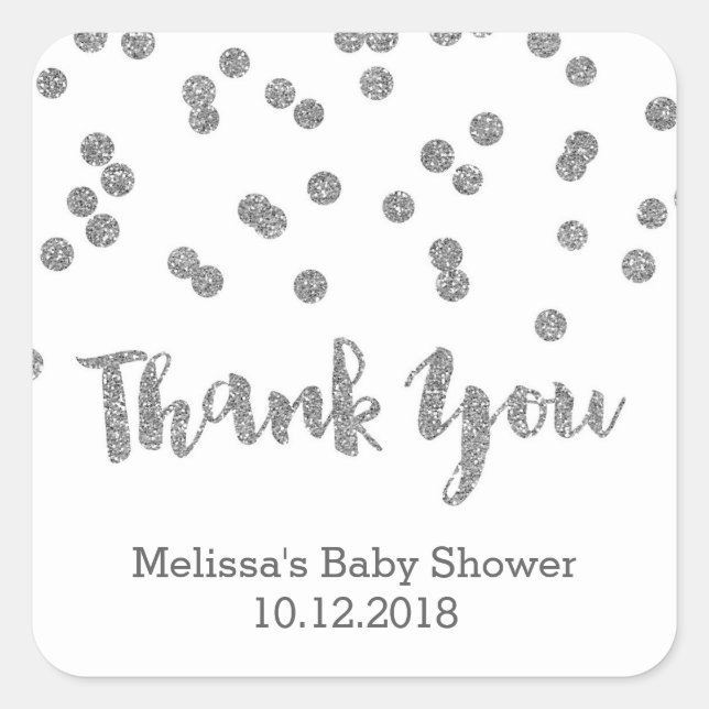 Silver Confetti Baby Dusche Danke Sticker (Vorderseite)