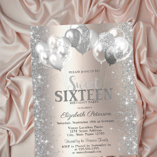 Silver Confetti Balloons Champagne Sweet 16 Einladung