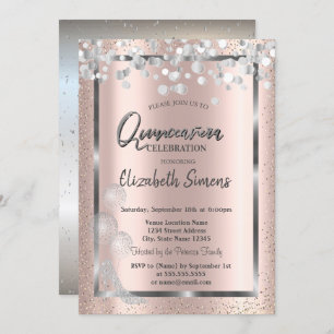 Silver Confetti Balloons Rose Gold Quinceañera Einladung