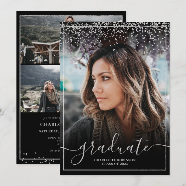 Silver Confetti border script Foto Abschluss Einladung (Vorne/Hinten)